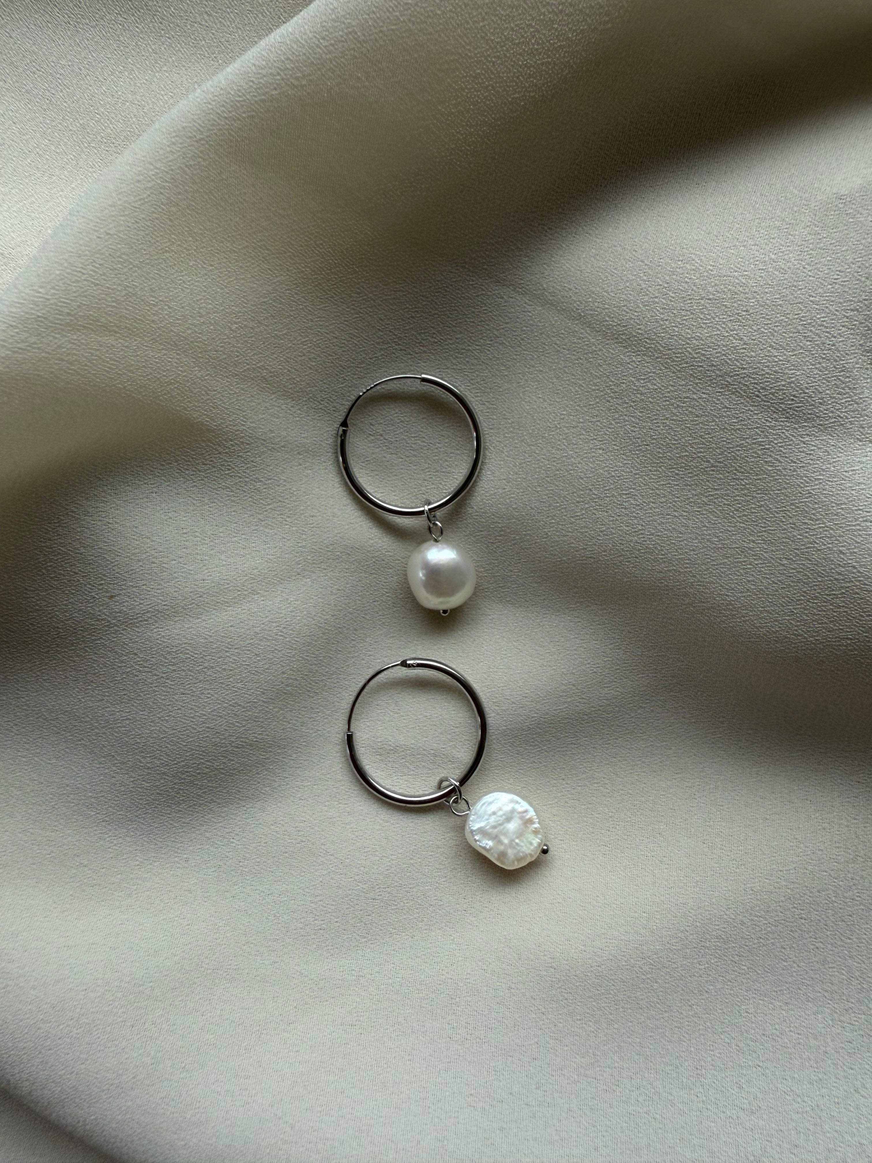 Silver Pearl Drop Hoops