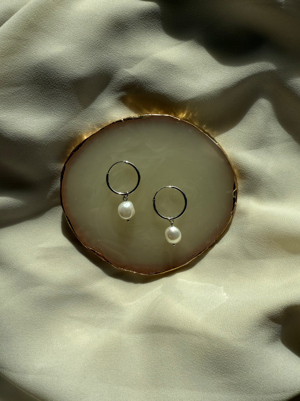Silver Pearl Drop Hoops